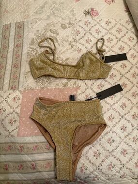 Gold Shimmer Triangl Bikini Set Metallic String Tie Swimsuit